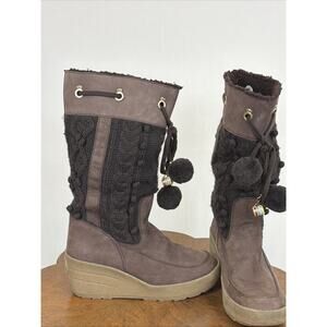 Vtg Y2K Juicy Couture Brown Leather Knit Wedge Boots Faux Sherpa Size 10 Tall